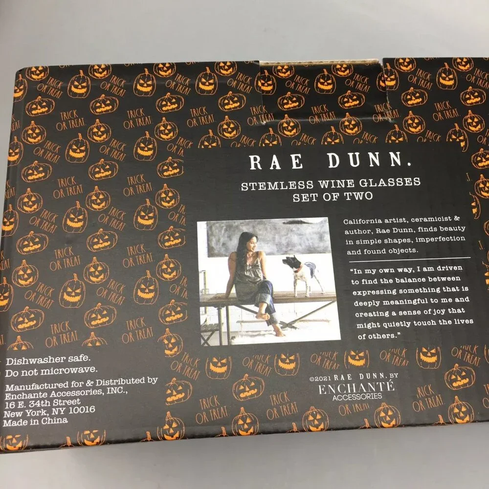 4pc Rae Dunn Halloween Black Scaredy Cat Stemless Wine Glass Set TRICK TREAT NEW